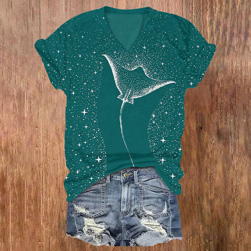 100% Cotton Starry Spotted Eagle Rays Print V-neck T-shirt - Green - 5XL - image 3