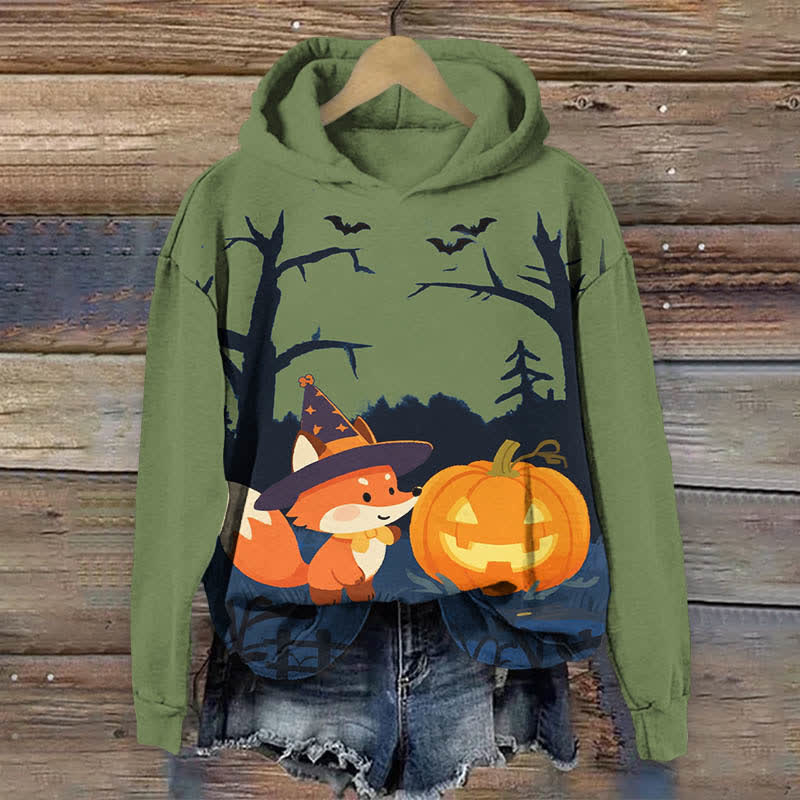 Halloween Night Cute Wizard Fox & Pumpkin Art Print Long Sleeve Hoodie - Green - US44-46(8XL) - image 5