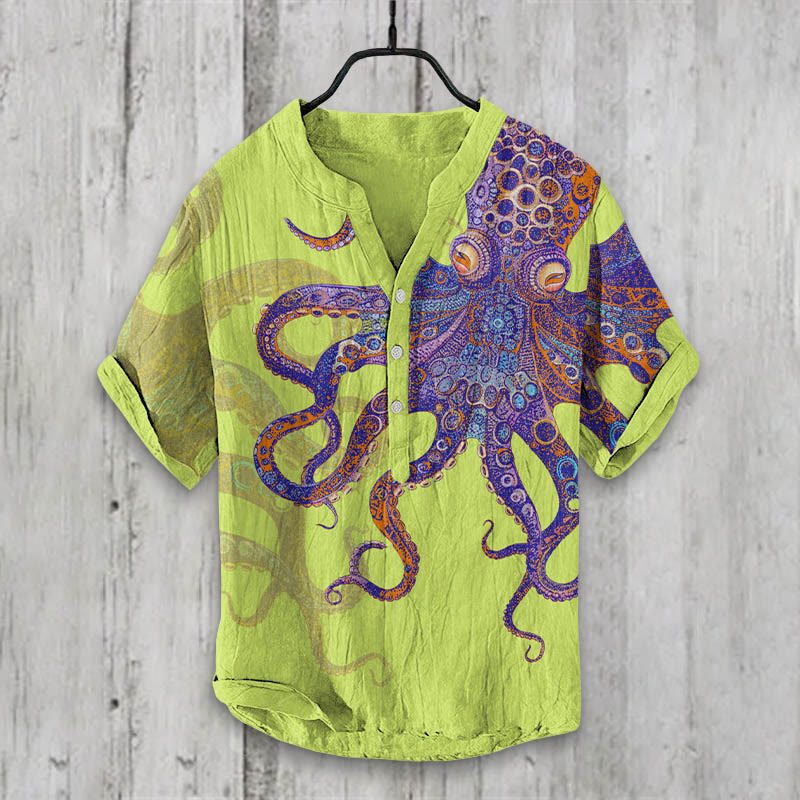 Unique Exquisite Octopus Pattern Art Print Shirt - Light Green - 5XL - image 5