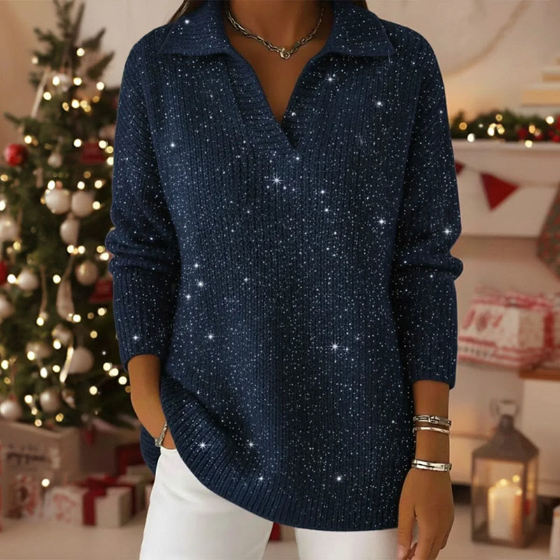 Starry Sky Collared Long Sleeved Sweater - Navy Blue - 5XL - image 4