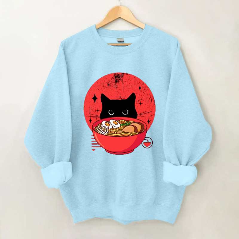 100% Cotton Japanese Cute Cat And Ramen Print Crew Neck Sweatshirt - Blue - 2XL - image 2