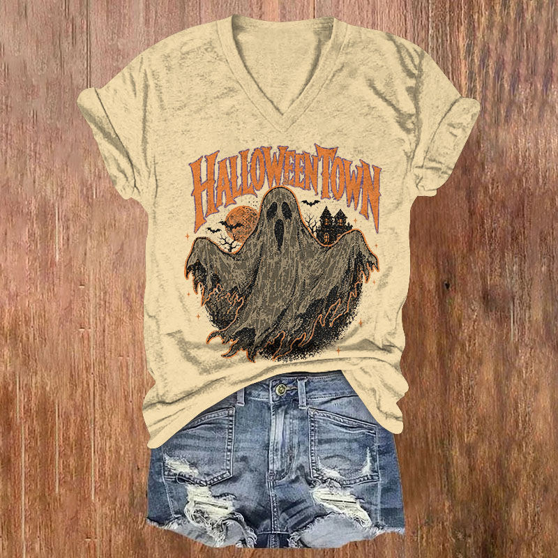 Retro Grunge Halloween Town Ghost Print Short Sleeved V-Neck T-Shirt - Apricot - US32-34(5XL) - image 3