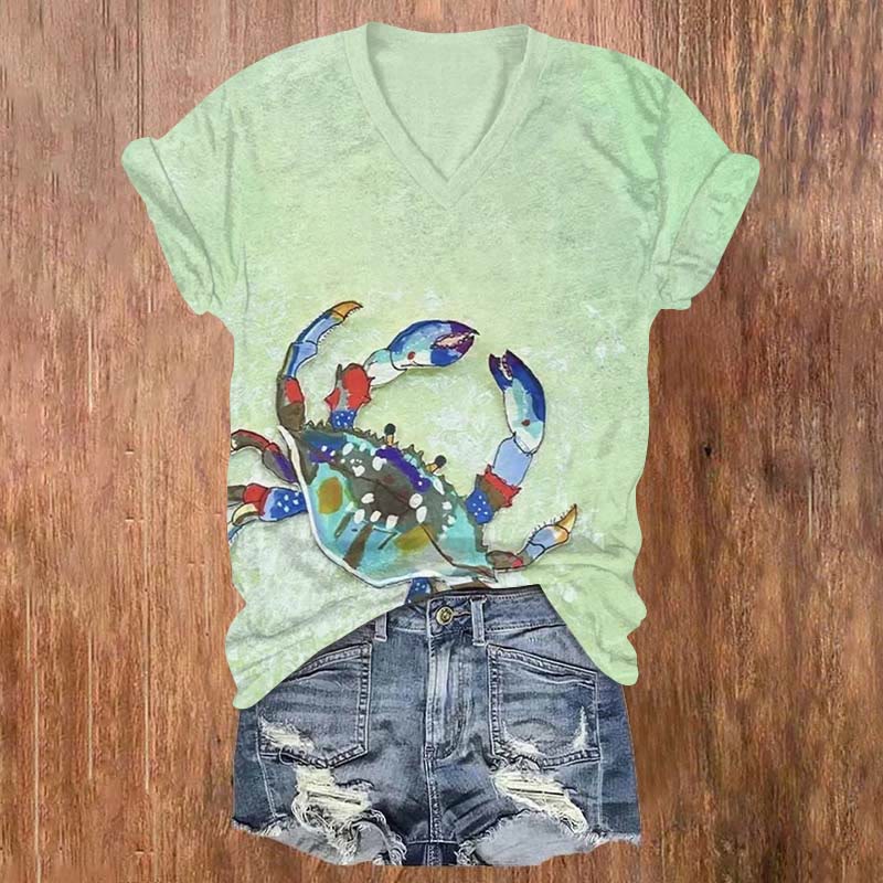 Creative Fantasy Colorful Crab Print V-neck T-shirt - Green - US32-34(5XL) - image 3