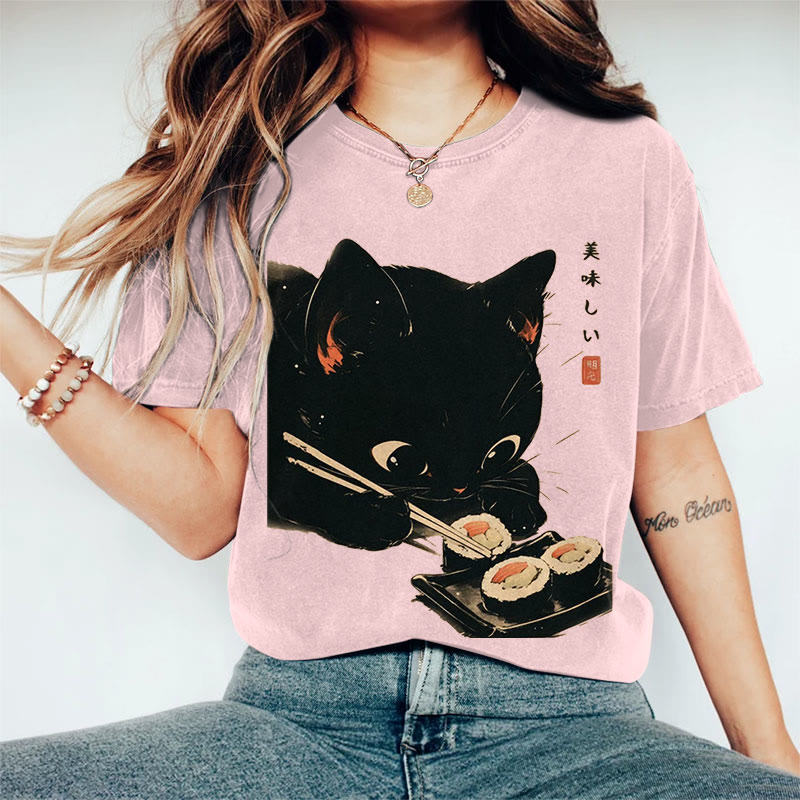 100% Cotton Japanese Black Cat Eating Sushi Art Print Casual T-shirt - Pink - 2XL - image 7