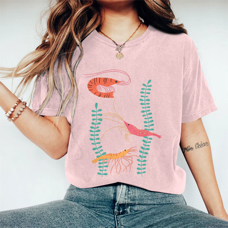 100% Cotton Women's Japanese Creative Colored Shrimps Art Print Casual T-shirt - Pink - 2XL - image 7