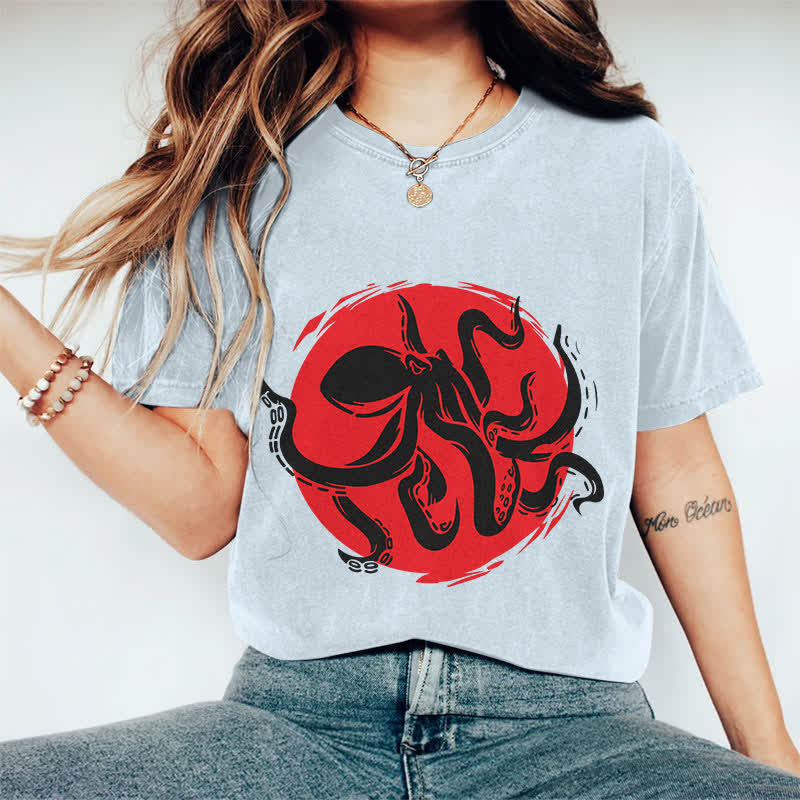 100% Cotton Japanese Abstract Octopus Art T-shirt - Light Blue - 2XL - image 2