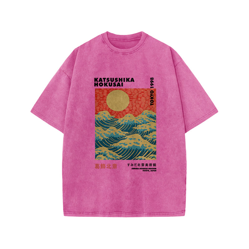 Unisex 100% Cotton Katsushika Hokusai Vintage Print Acid Washed T-shirt - Pink - 3XL - image 8