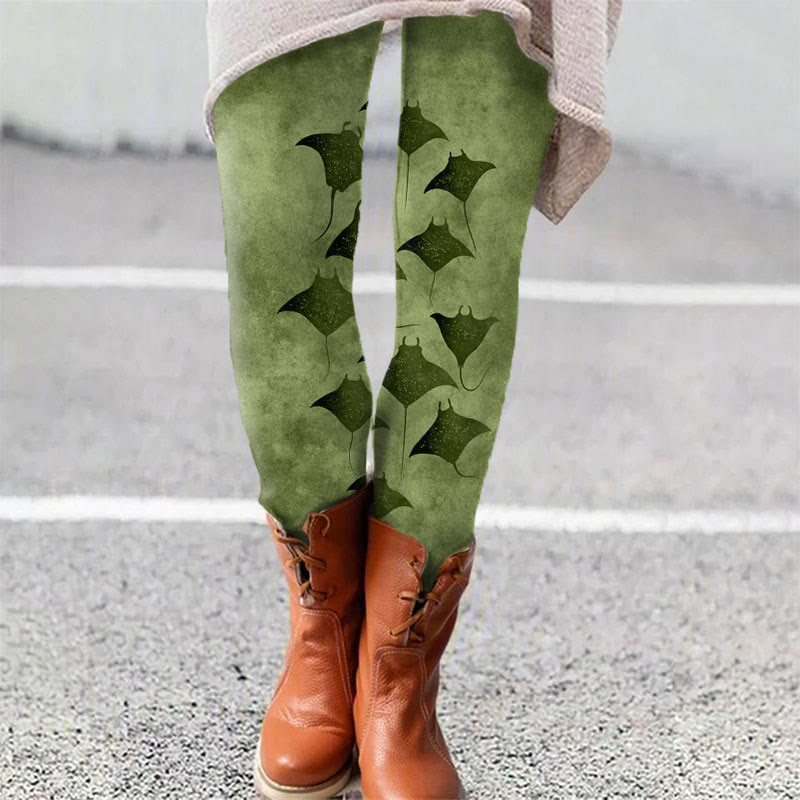 Vintage Manta Ray Art Print Leggings - Olive Green - 5XL - image 5