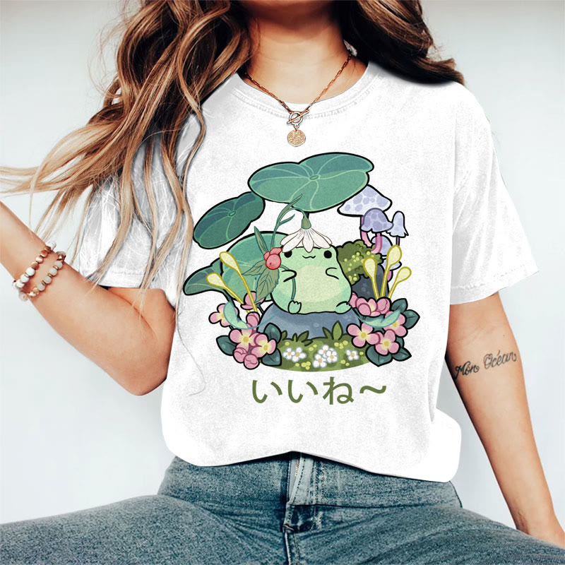 100% Cotton Women's  Japanese Lotus Leaf & Cute Frog Art Print Casual T-shirt - White - 2XL - image 3