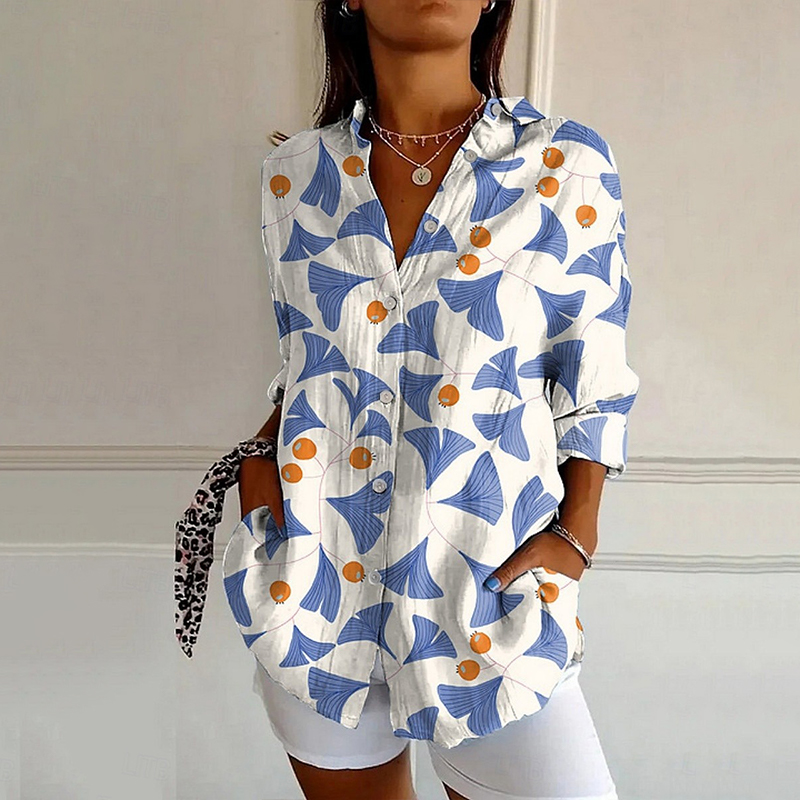 Minimalist Ginkgo Leaf Pattern Print Long Sleeve Blouse - Blue - 4XL - image 1