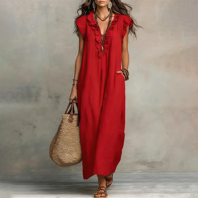 Women's Solid V-neck Sleeveless Ruffled Maxi Dress - Red - 2XL - image 7