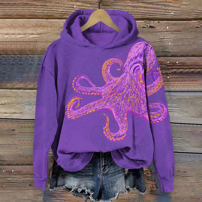 Creative Crayon Painting Octopus Art Print Long Sleeve Hoodie - Purple - US44-46(8XL) - image 2