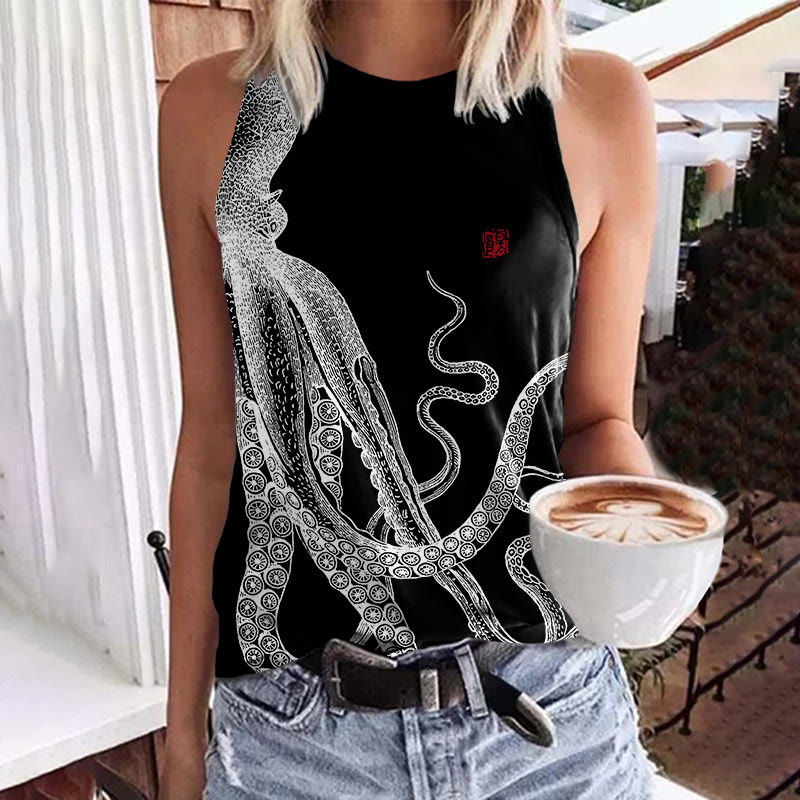 Japanese Style Octopus Print Crew Neck Tank Top - Black - 5XL - image 5