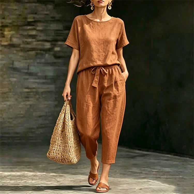 Casual Cozy Loose-Fit Solid Half Sleeve Blouse&Pants Set - image 3