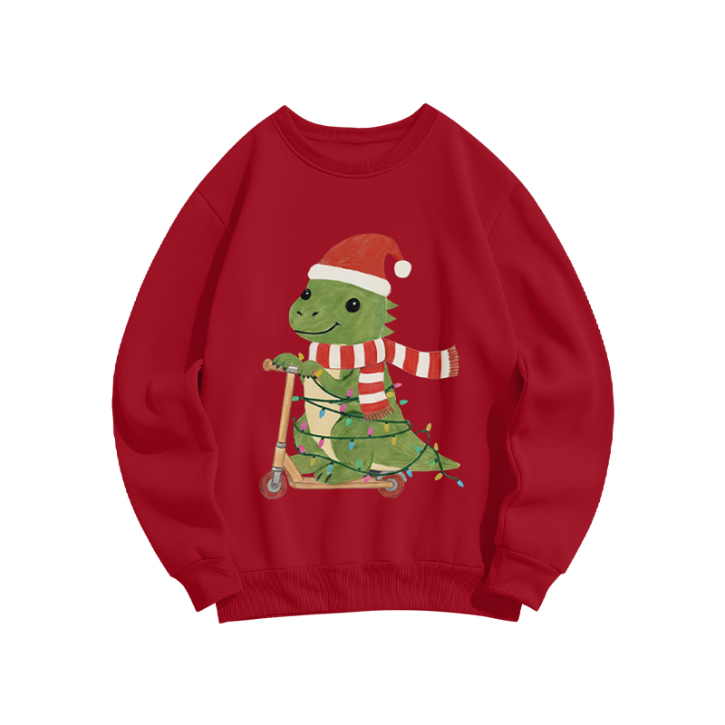 100% Cotton  Christmas Cute Dinosaur Riding A Scooter Print Crew Neck Sweatshirt - Red - US16-18(2XL) - image 3