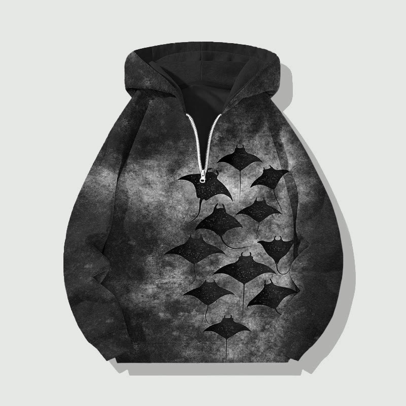 Unisex Vintage Manta Ray Half Zip Hoodie - Grey - US32-34(5XL) - image 3