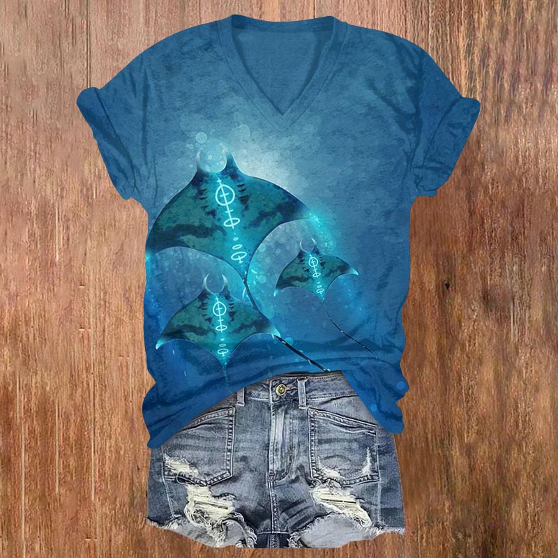 Mystical Glowing Ocean Ray Print V-neck T-shirt - Blue - US32-34(5XL) - image 2