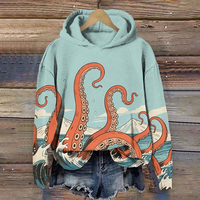 Japanese Cartoon Ocean Octopus Tentacles Print Long Sleeve Hoodie - Light Blue - US44-46(8XL) - image 5