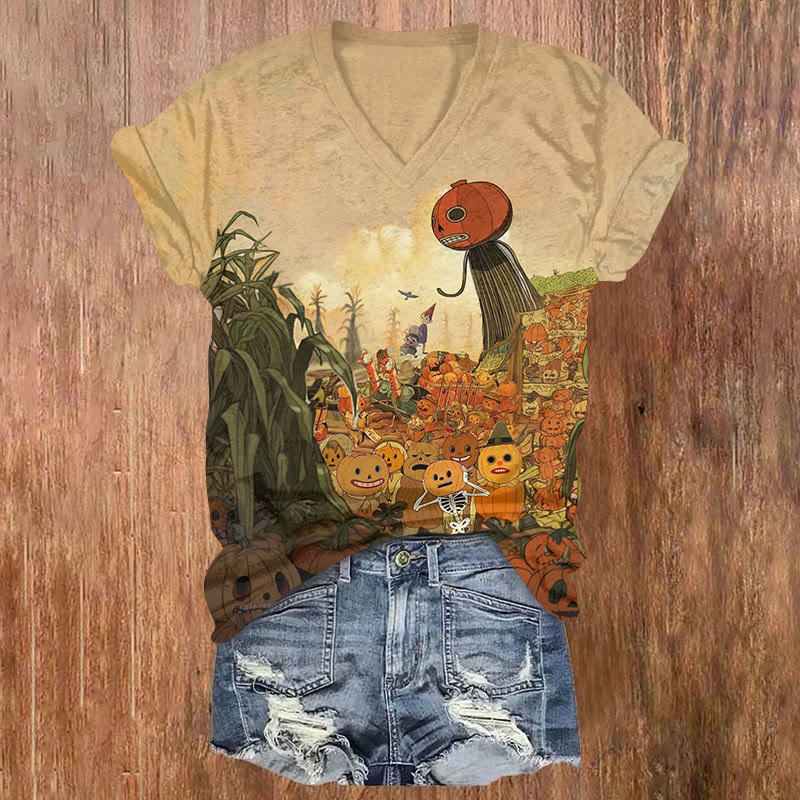 Halloween Skeleton & Pumpkin Print V-neck T-shirt - Apricot - US32-34(5XL) - image 2