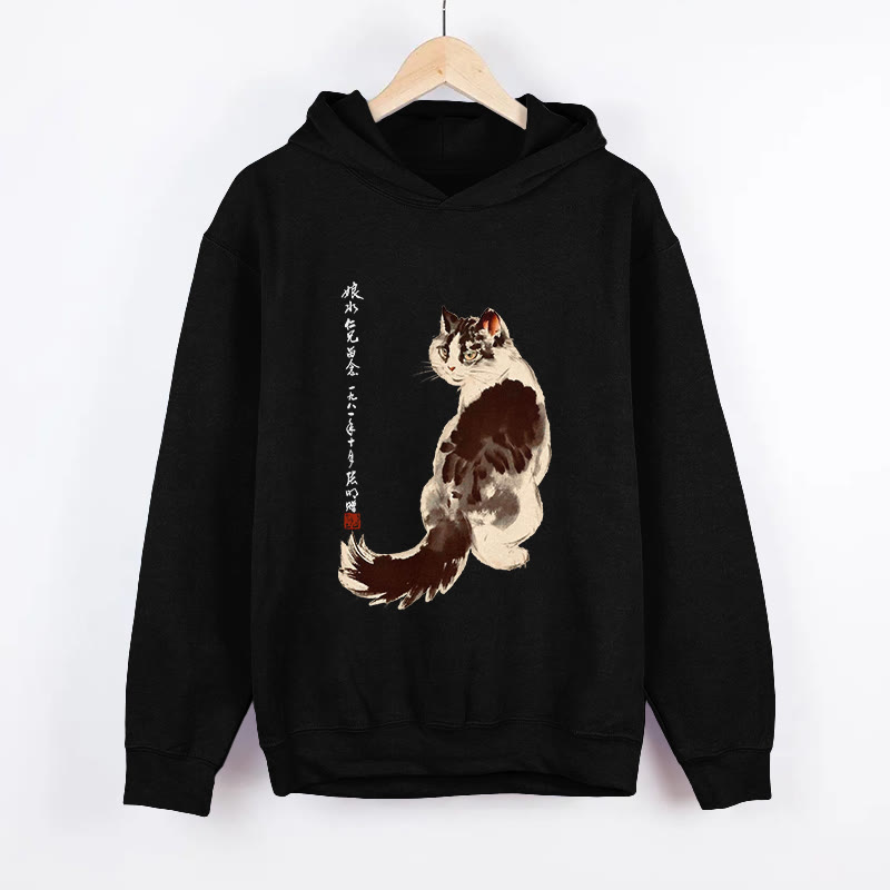 Unisex Japanese Cat Pattern Long Sleeved Hoodie - Black - US44-46(8XL) - image 5