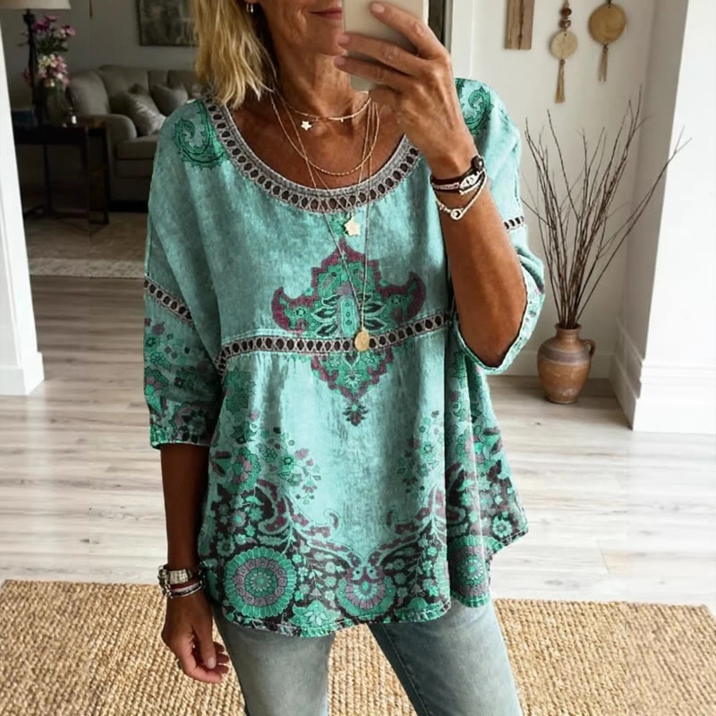 Boho Ethnic Totem Print Openwork Lace Splicing Round Neck Half Sleeve Blouse - Lake Blue - 4XL - image 6