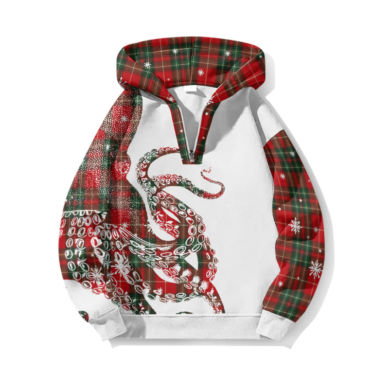 Christmas Snowflake Plaid Patchwork Japanese Art Octopus Print Half Zip Hoodie - White - US32-34(5XL) - image 3