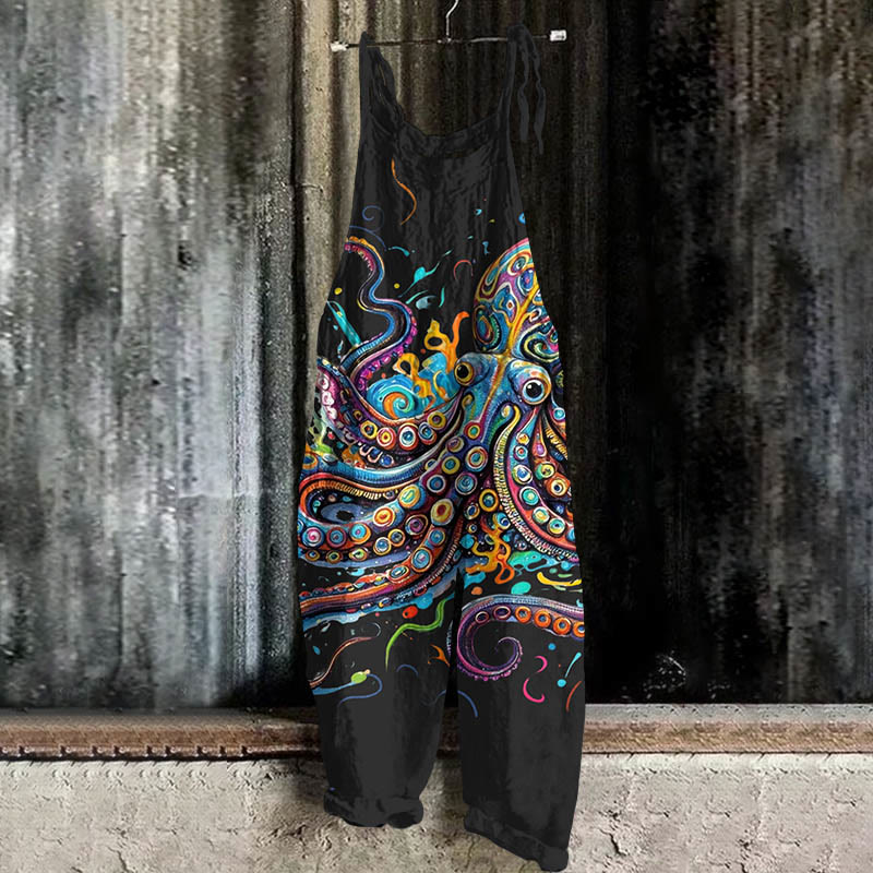 Vintage Rainbow Octopus Art Print Casual Jumpsuit  - Black - 5XL - image 2