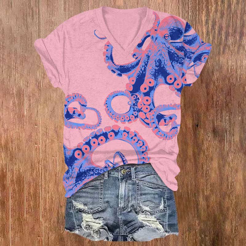 Japanese Watercolor Octopus Art Print V-neck T-shirt - Pink - US32-34(5XL) - image 5