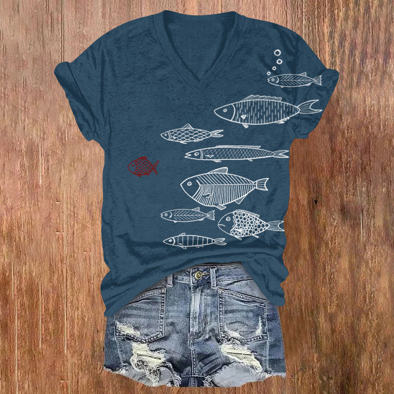 Japanese-style Group Sketch Of Fish Printed Short Sleeved V-neck T-shirt - Dark Blue - US32-34(5XL) - image 1
