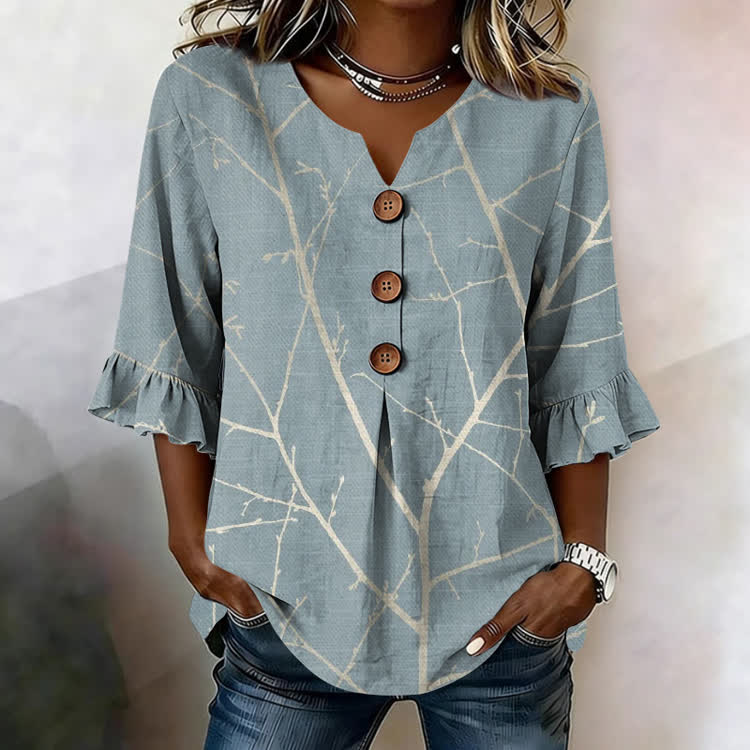 Tree Branch Silhouette Texture Pattern Print Button V-Neck Blouse With Ruffle Sleeves - Light Blue - US32-34(5XL) - image 3