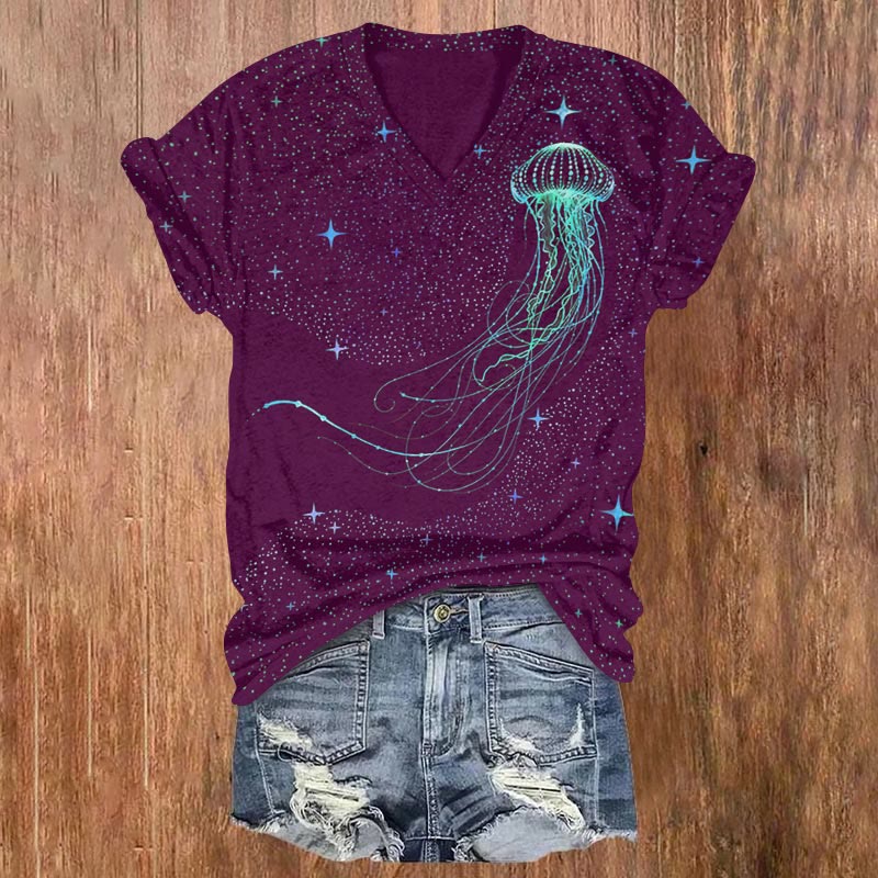 Colorful Starry Sky Jellyfish Print V-neck T-shirt