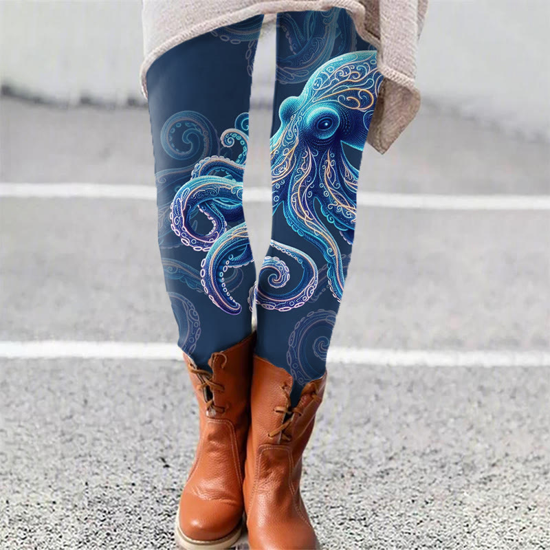 Vintage Wise Ocean Octopus Art Print Leggings - Blue - 5XL - image 2