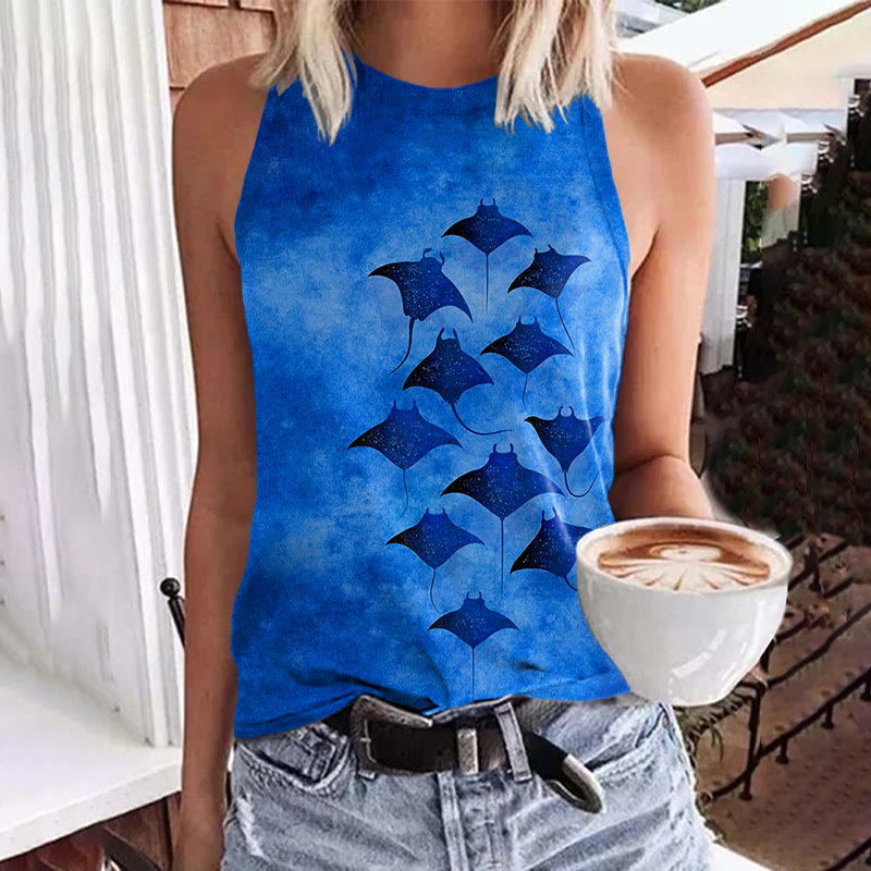 Vintage Manta Ray Art Print Crew Neck Tank Top - Blue - 5XL - image 4