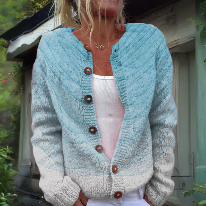 Vintage Light Blue Gradient Water Ripple Abstract Art Print Buttoned Cardigan Sweater - image 2