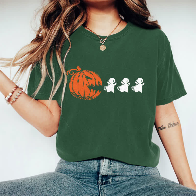 100% Cotton Women's Halloween Creative Pumpkin Eating Ghost Art Print Casual T-shirt - Dark Green - 2XL - image 9