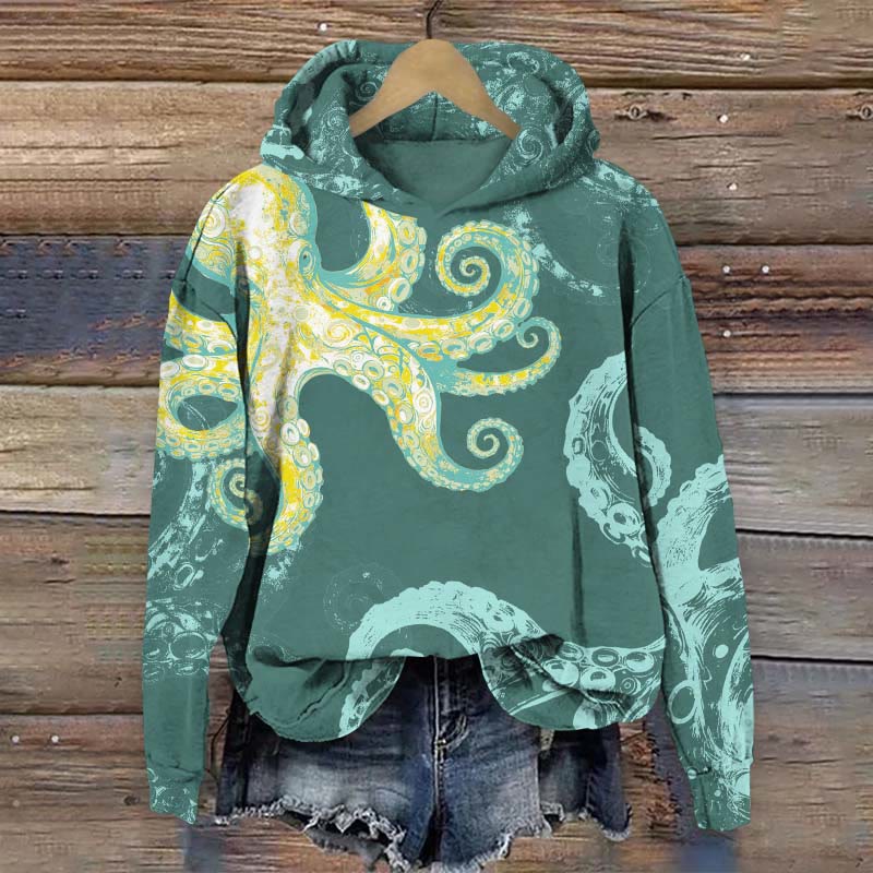 Vintage Style Octopus Art Print Long Sleeve Hoodie - Green - US44-46(8XL) - image 3