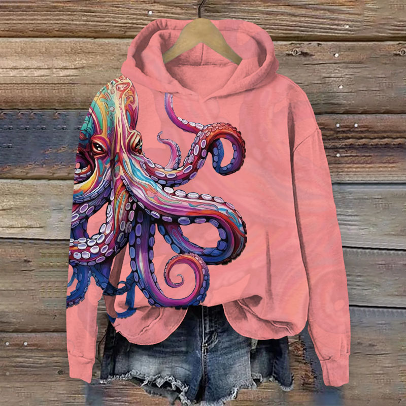 Retro Colorful Striped Octopus Art Print Long Sleeve Hoodie - Pink - US44-46(8XL) - image 5