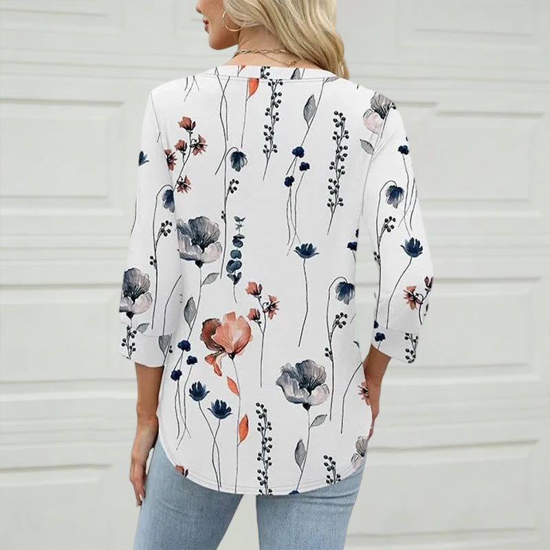 Elegant Watercolor Floral Print Button V-neck Mid Sleeve T-shirt - image 4