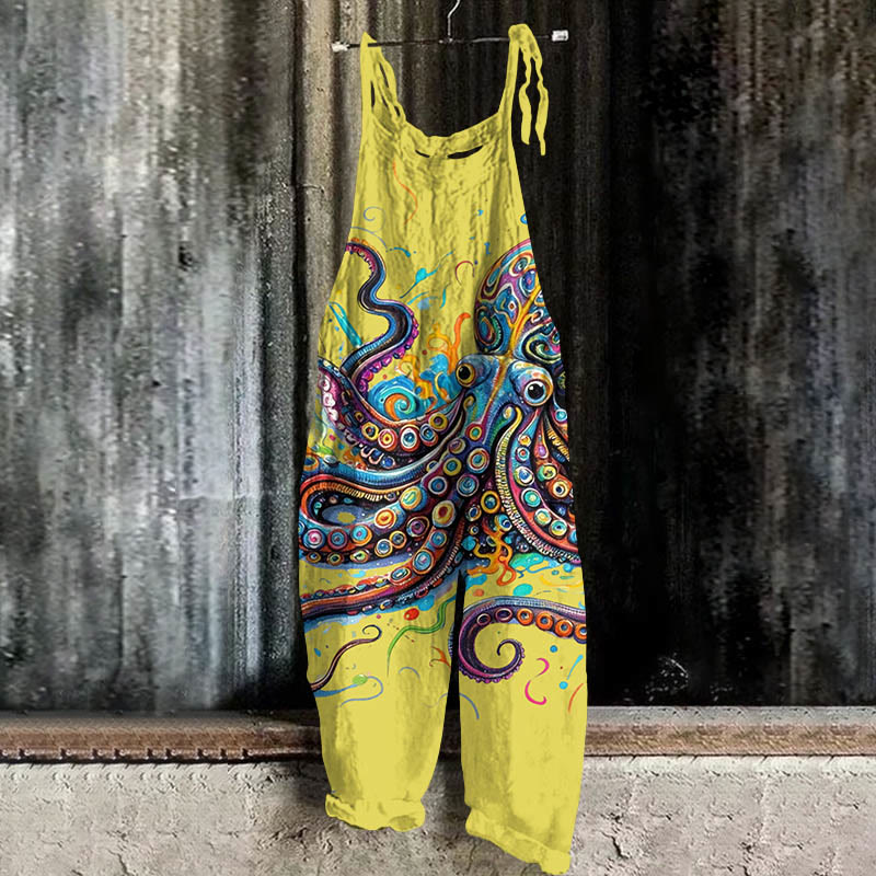 Vintage Rainbow Octopus Art Print Casual Jumpsuit  - Yellow - 5XL - image 3