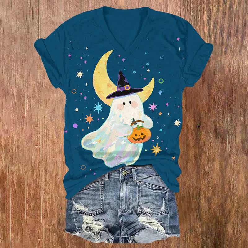 Halloween Watercolor Cute Ghost Holding Pumpkin Art Print V-neck T-shirt - Blue - US32-34(5XL) - image 2