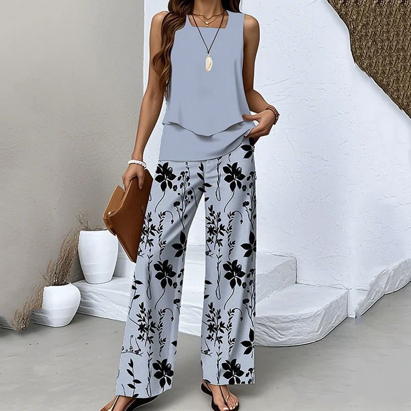 Elegant Plant Silhouettes Print Double-layer Irregular Hem Square-neck Vest&pants Set - Blue - 3XL - image 3