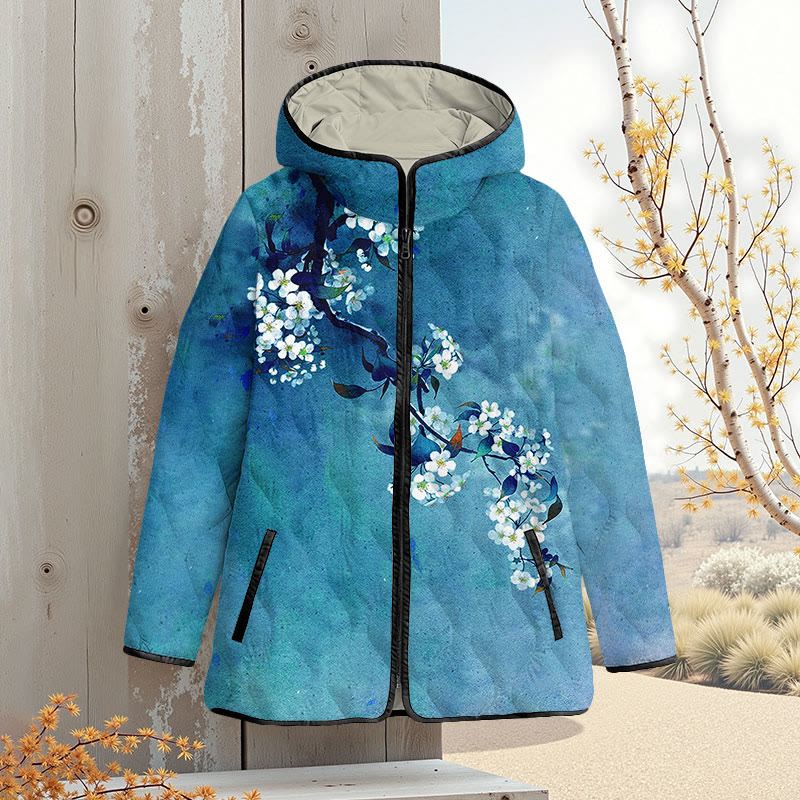 Japanese Antique Pear Blossom Ink Painting Art Print Zipper Jackets - Dark Blue - 4XL - image 5