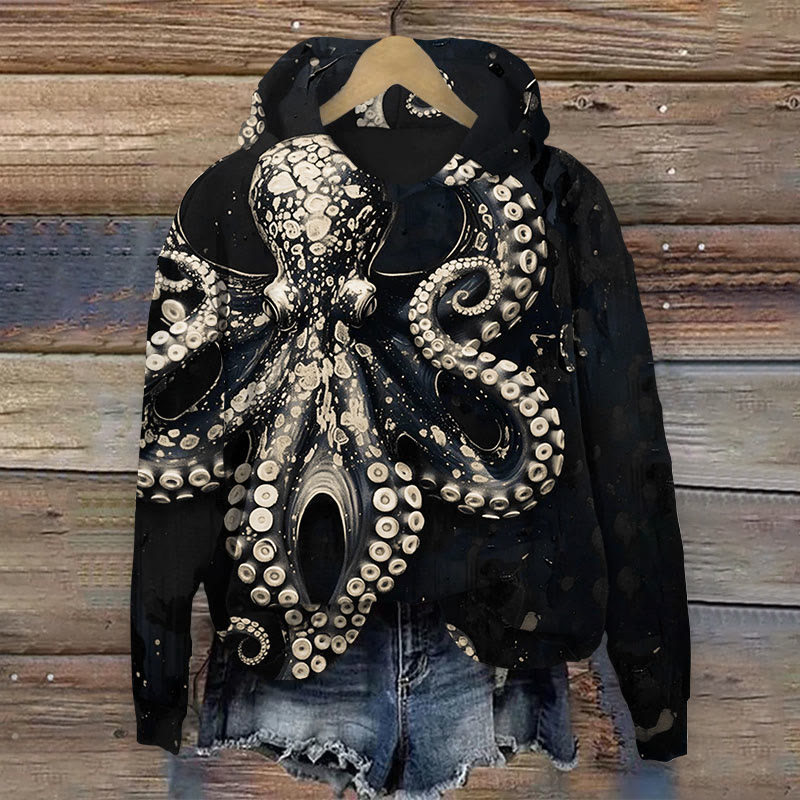 Vintage Octopus Art Print Long Sleeve Hoodie - Beige - 8XL - image 4