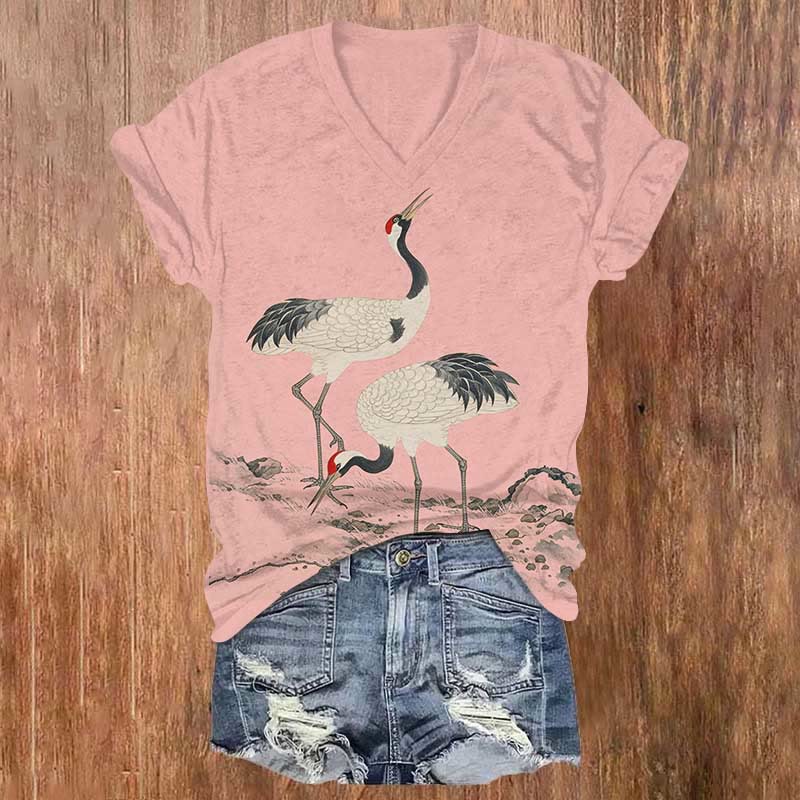 Japanese Elegant White Crane Art Print V-neck T-shirt - Pink - US32-34(5XL) - image 4