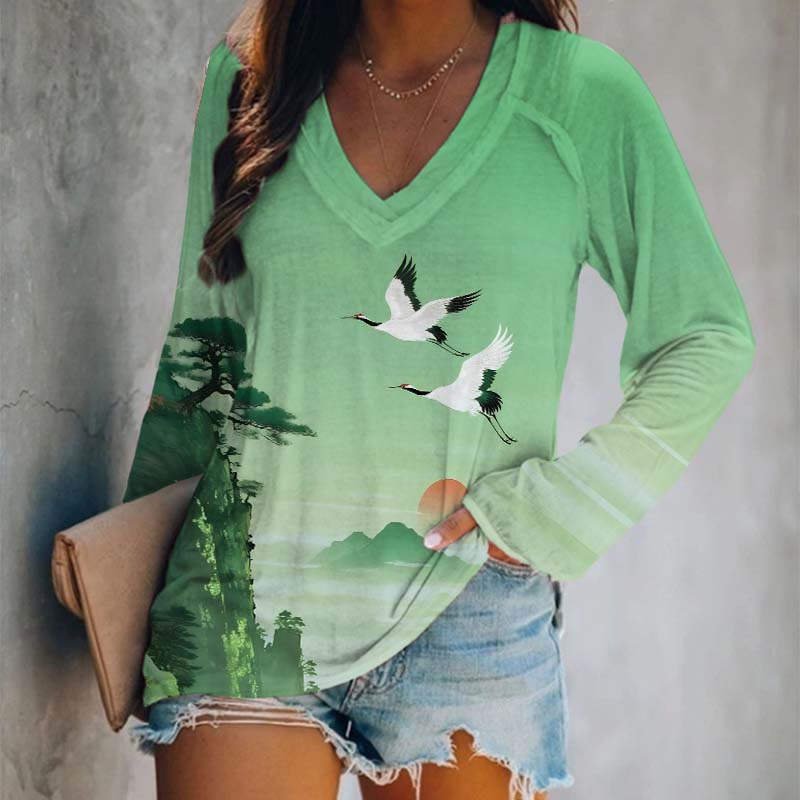 Japanese Watercolor Sunset & Flying Crane Art Print Long Sleeve T-shirt - Green - 5XL - image 3