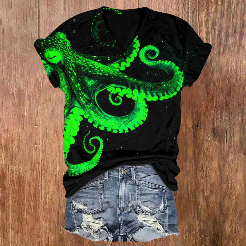 Three-dimensional Creative Octopus Print V-neck T-shirt - Green - 5XL - image 4