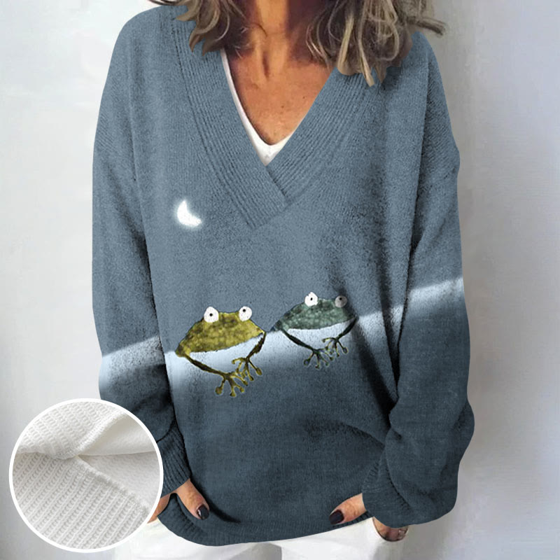 Simple Frog Color Block Print Causal V-neck Pullover Sweater - image 6