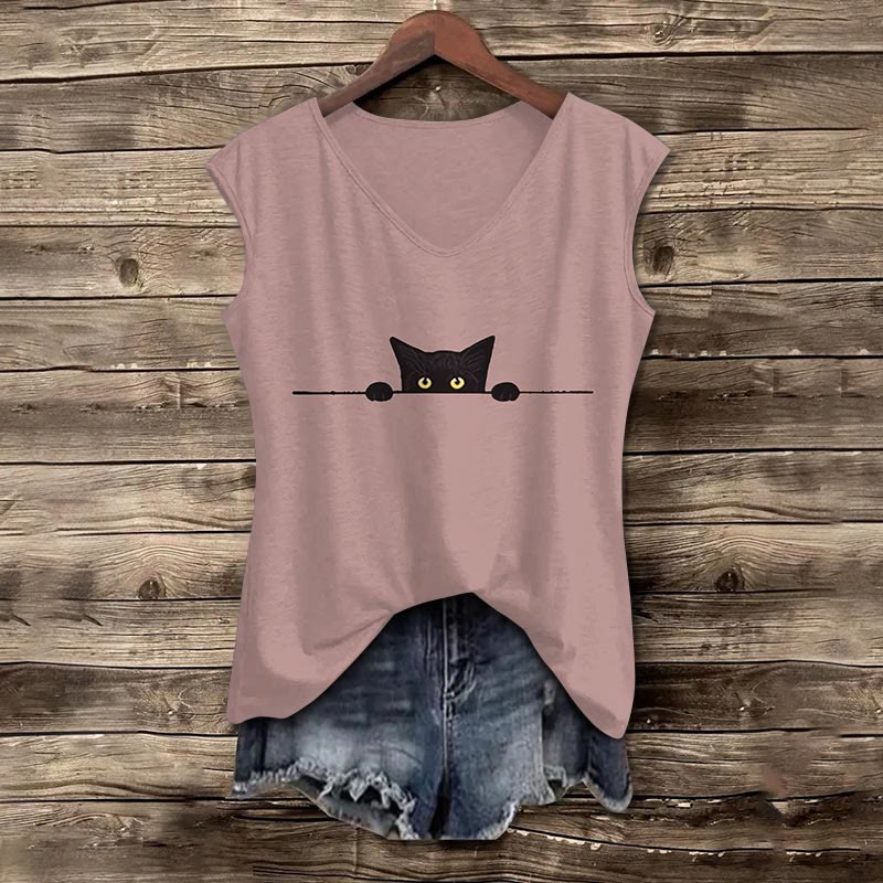 Women's Casual Black Cat Print V-neck Tank Top - Pink - 5XL - image 2