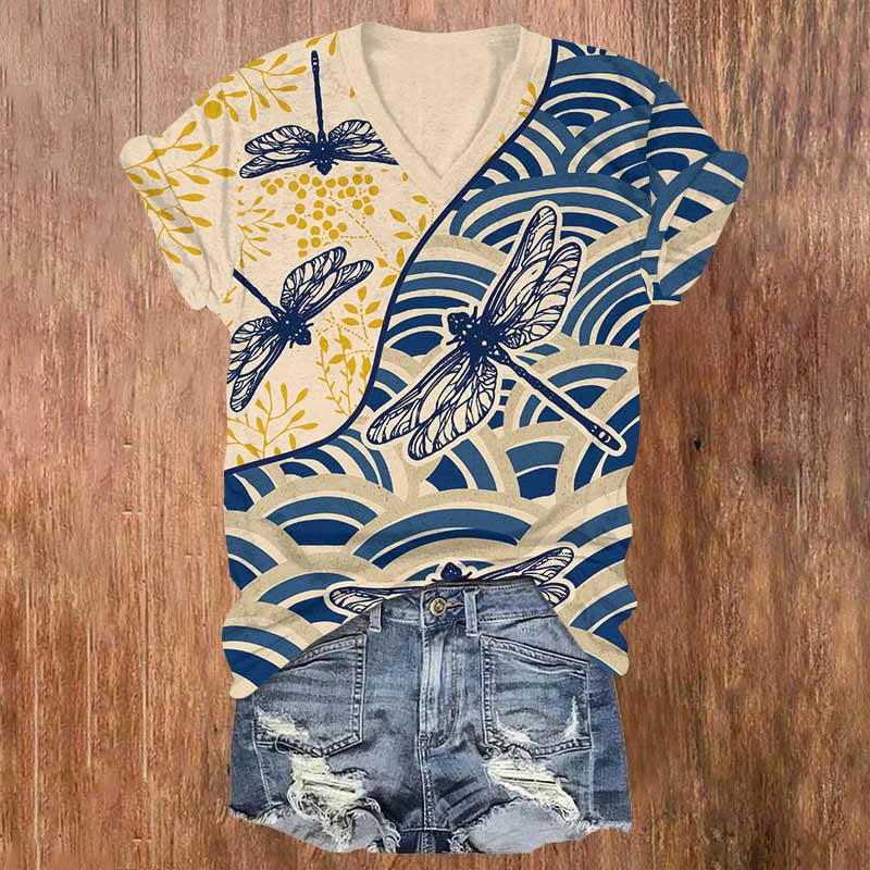 Japanese Vintage Contrast Dragonfly Art Print V-neck T-shirt - Blue - US32-34(5XL) - image 3