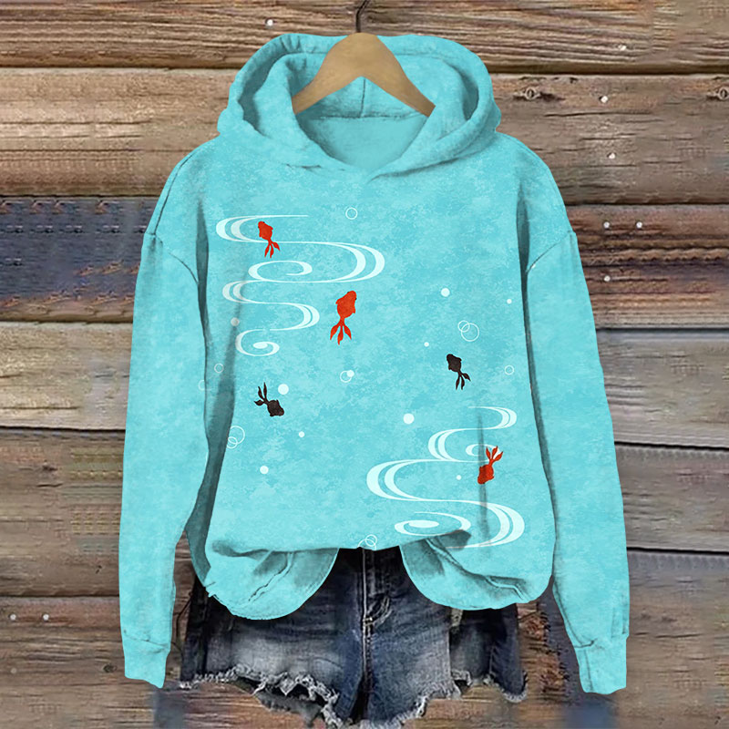 Japanese Goldfish Art Print Long Sleeve Hoodie - Blue - 8XL - image 1